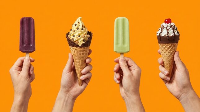 m Assorted frozen summer treats held in hands, colorful ice cream cones and fruit popsicles on orange background, variety of cold desserts