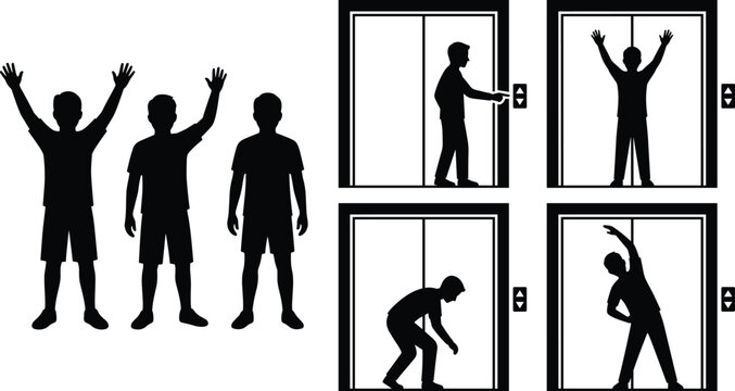 Elevator Behavior and Etiquette Rules Concept Boy Silhouettes Standing and Waiting for Lift Vector Illustration