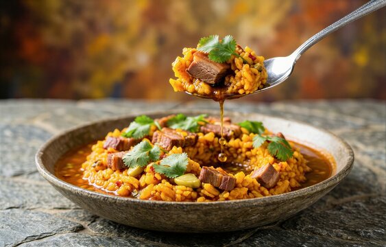 Migas Alentejanas featuring hearty bread mash with pork, garlic, cilantro. Concept of warm autumn setting with rustic bowl and silver spoon capturing delicious culinary tradition.