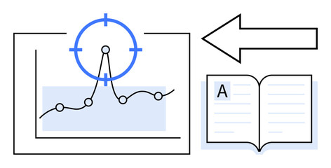 Data analytics, education, growth monitoring, research, knowledge management, information processing. Line graph with focus point, arrow open book. Data analytics and education visual concept © robu_s