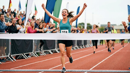 Fototapeta premium Female runner crossing the finish line tape. Victorious young woman winning a race on a track. Marathon competition and sports achievement