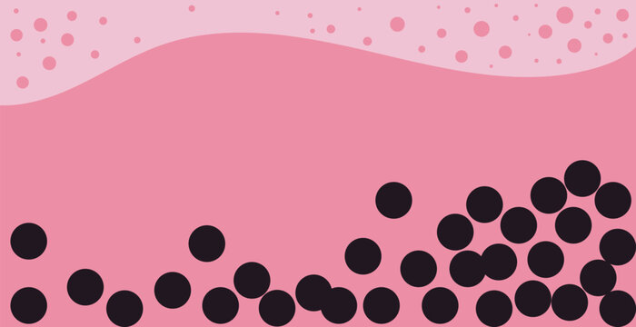 Pink bubble tea background with black tapioca pearls at the bottom. Sweet boba milk tea illustration with foam bubbles at the top