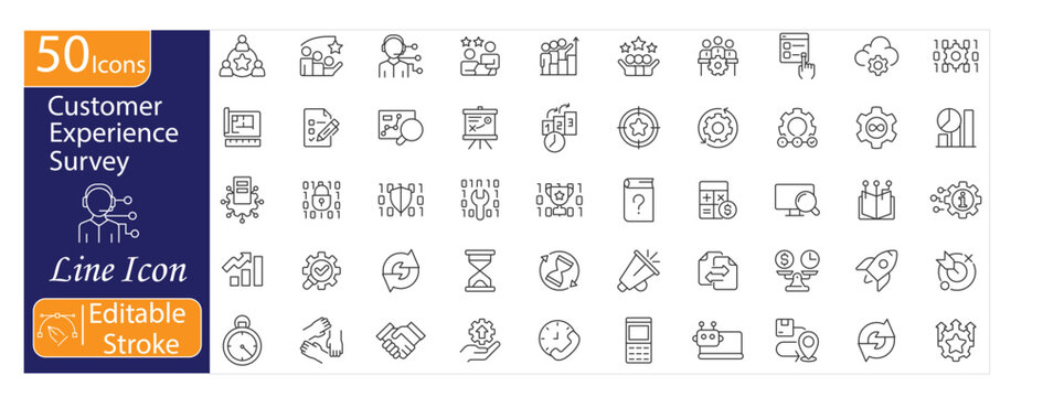 Customer Experience and Feedback Survey Line Icons Set. Includes icons for rating, review, feedback form, satisfaction survey, user experience, customer insights, and service evaluation. Editable stro