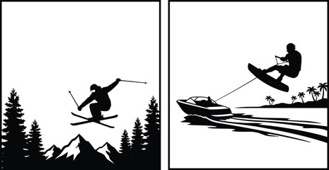 Black silhouettes of extreme sports with freestyle skier jumping in pine mountains and wakeboarder riding behind motorboat with palm trees © MdAbdus