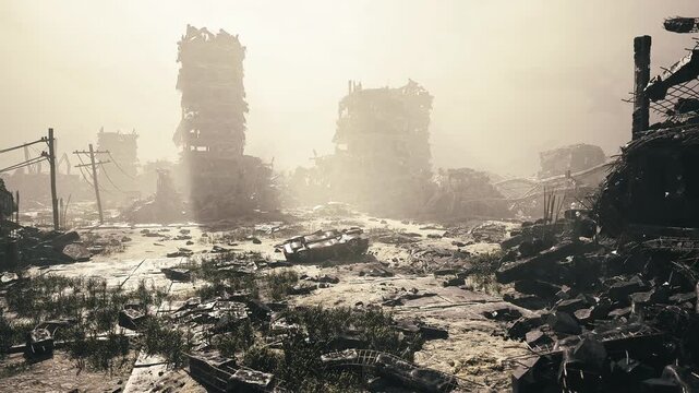 Sepiatoned desolation across broken cityscape, distant towers and foreground litter create layered perspective, warmmuted palette emphasizes ruin and salvage