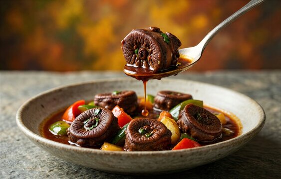 Bowl of Rabo de Toro topped with mushrooms, bell peppers, fresh herbs. Concept of oxtail braised with wine vegetables herbs captures rustic dining experience.