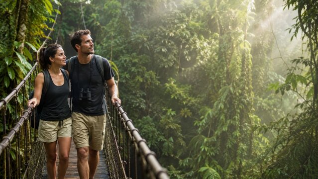 Couple hiking across a suspension bridge in a rainforest