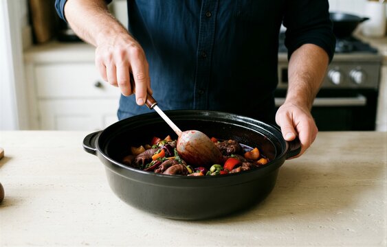 Rabo de Toro in black pot on white countertop, man with beard in dark blue shirt holding wooden spoon. Concept of oxtail braised with wine vegetables herbs.