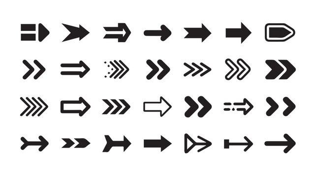 Versatile Vector Arrow Icon Set in Black, Featuring Various Styles for Web Design, UI/UX, and Directional Graphic Elements