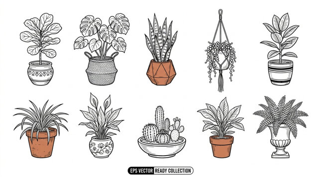 Variety of Potted Houseplants on Shelves.