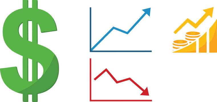 Financial Growth and Decline Chart Icons with Dollar Symbol, Revenue Analytics, Profit Increase, and Business Market Trend Concepts