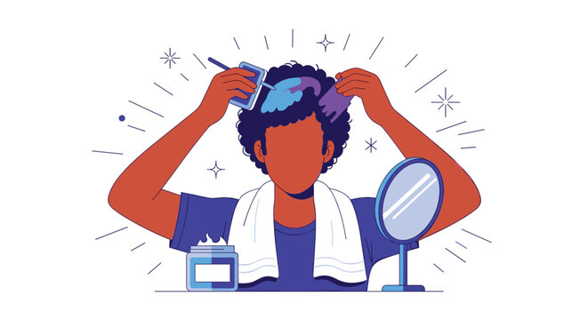 Person with a towel around their neck uses a brush to apply vibrant hair dye from a bowl while checking their progress in a round mirror.