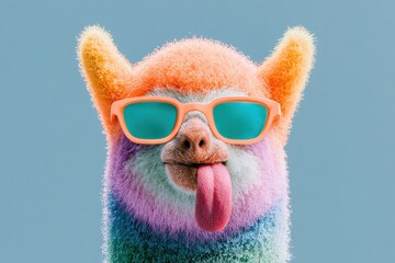 Naklejka premium Colorful alpaca in funky shades poses against a blue backdrop