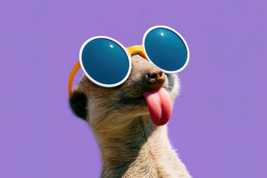 Meerkat has fun in trendy sunglasses against a vibrant purple backdrop