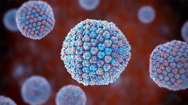 Adenovirus particles slowly rotating and drifting in fluid, detailed icosahedral capsid structure visualised, molecular virology concept, 3D animation.