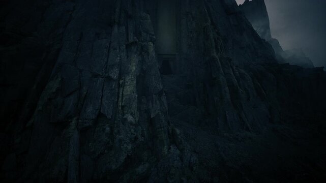 massive basalt rockface textured vertical ridges with deep fissures and moss pockets, raw geological detail, closeup perspective emphasizing scale and tactile