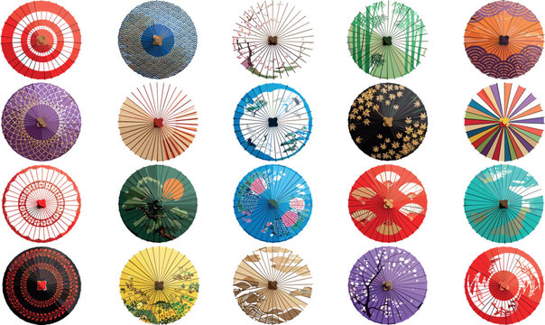 Decorative Asian Paper Umbrella Set Featuring Colorful Japanese and Chinese Parasol Patterns for Cultural Festival Travel and Traditional Design Projects