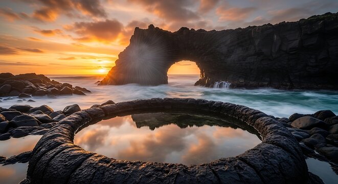 Dramatic sunset over a natural rock archway and a circular tide pool