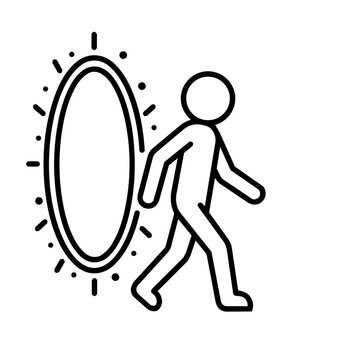 Man stepping through portal stick figure icon, minimalist line art of person mid transition inside futuristic glowing ring for digital transformation, cloud migration, and time travel concept.