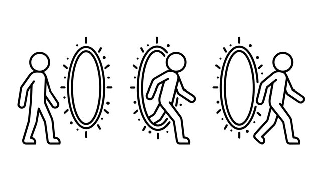Man walking through portal stick figure icon set vector. Person step into futuristic glowing ring for digital transformation, time travel, and cloud migration concept
