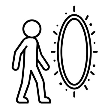 Man walking to portal stick figure icon, minimalist line art of person approaching futuristic glowing ring for digital transformation, cloud migration, and time travel concept.