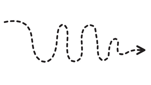 A striking black and white abstract illustration of a dashed, wavy line arrow, conveying an unpredictable path, dynamic process, or complex journey of progress and change