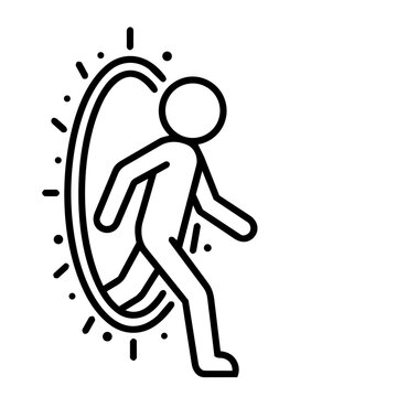 Man stepping through portal stick figure icon, minimalist line art of person mid transition inside futuristic glowing ring for digital transformation, cloud migration, and time travel concept.