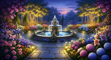 Obraz premium Beautiful garden fountain with colorful flowers at night