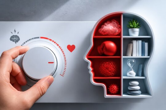 Hand adjusting emotion control dial beside split head illustration for mental balance and wellbeing concept