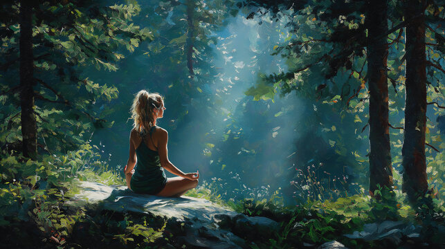Morning light meditation in tranquil forest supporting mindfulness emotional peace and harmony