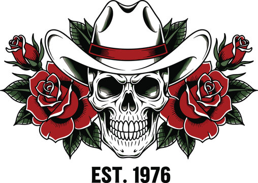 Vector Illustration of Skull Wearing Cowboy Hat Surrounded by Red Roses with EST. 1976 Text in Detailed Flat Style on White Background