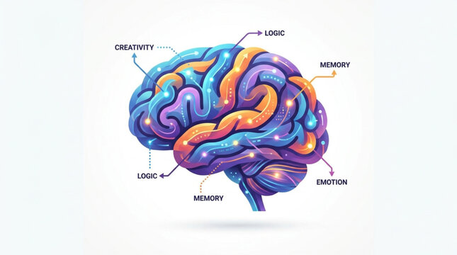Colorful Human Brain Anatomy Illustration with Labels.