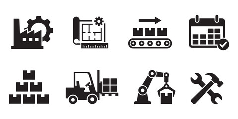 Manufacturing, warehouse, and industrial icon set. Professional black silhouettes for factory production, logistics management, automation, and supply chain concepts.  © Articurve