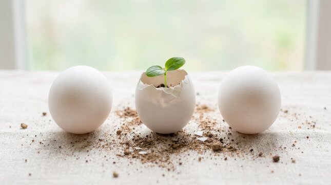 Green seedling growing inside cracked eggshell represents new life and sustainability on textured cloth background.