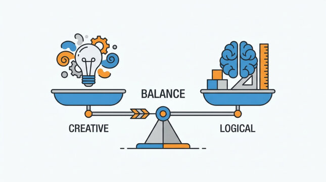 Creative and logical thinking balance on scales.