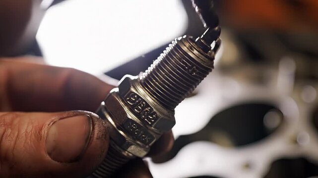 Dirty hand holds a used automotive spark plug. Close up view showing worn threads and electrode. Ideal for car repair, maintenance, and mechanical engineering content.