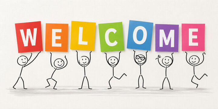 Welcome word held by happy doodle stick figure children on white background.