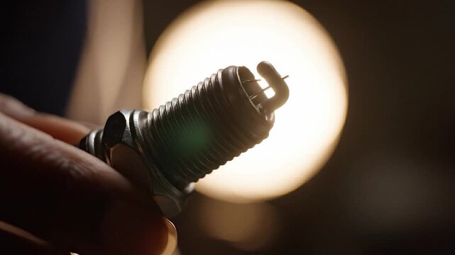 Hands hold a car spark plug against a bright light. This close up shot highlights the metallic thread and electrode. Ideal for automotive repair and maintenance content.