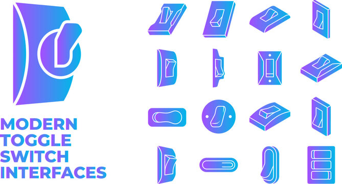 Modern toggle switch interfaces set diverse designs controls electric power buttons UI elements.