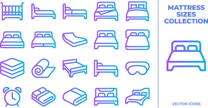 Mattress sizes bed collection icons different beds baby cot double king queen mattress types.