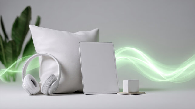 Minimalist white mockup scene featuring white wireless headphones over-ear headset digital tablet pc screen template smart device setup and block notes paper with green glowing sound wave line