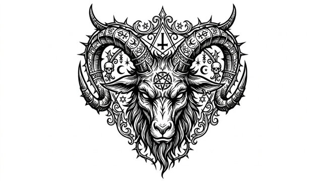 Intricate Baphomet Goat Head Illustration with Occult Symbols.