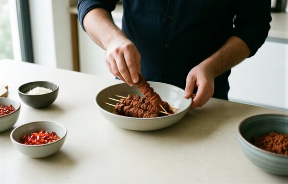 Man with beard in dark blue shirt preparing Urfa Kebap, mild minced lamb skewers with pepper on kitchen counter. Concept of cooking, ingredients, warm atmosphere in modern kitchen.