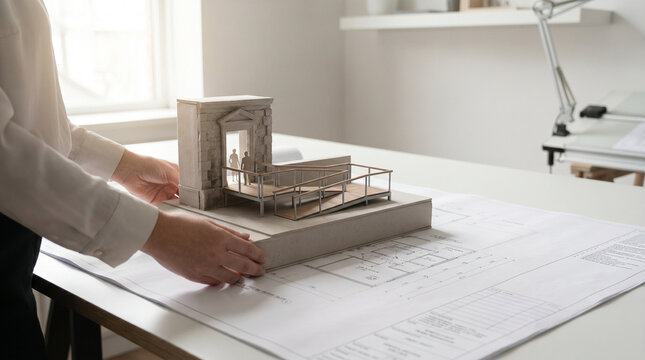Close up hands holding a foam-core model of an accessible ramp system integrated into a historic stone building entrance, blueprints spread 3