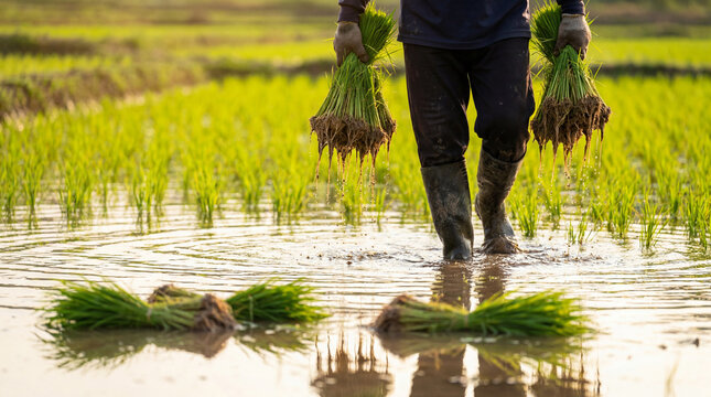 Farmer plants rice seedlings in a flooded paddy field at sunset, symbolizing traditional agriculture & hard work