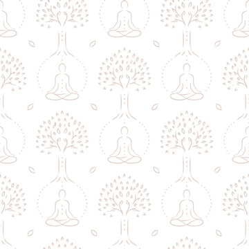 Seamless pattern with golden buddha and bodhi tree icons