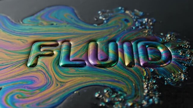 Hypnotic iridescent liquid flows across a surface, forming swirling patterns with the word "FLUID" embossed and reflecting prismatic colors, creating a mesmerizing visual effect perfect