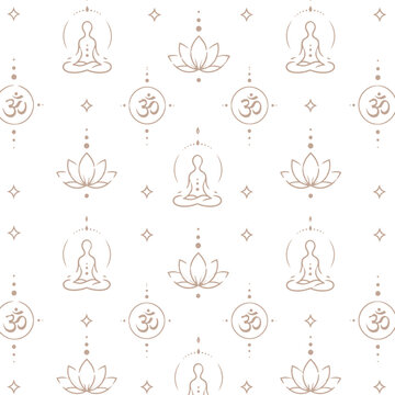 Seamless pattern with meditation symbols and lotus flowers