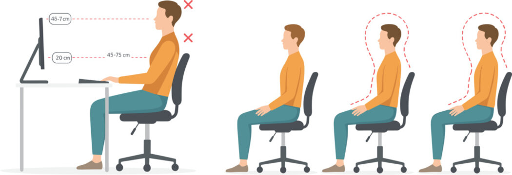 Ergonomic Office Sitting Posture Guide Illustration Showing Correct Computer Desk Position and Healthy Spine Support for Workplace