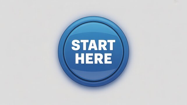 Glossy blue 3D push button with the text START HERE